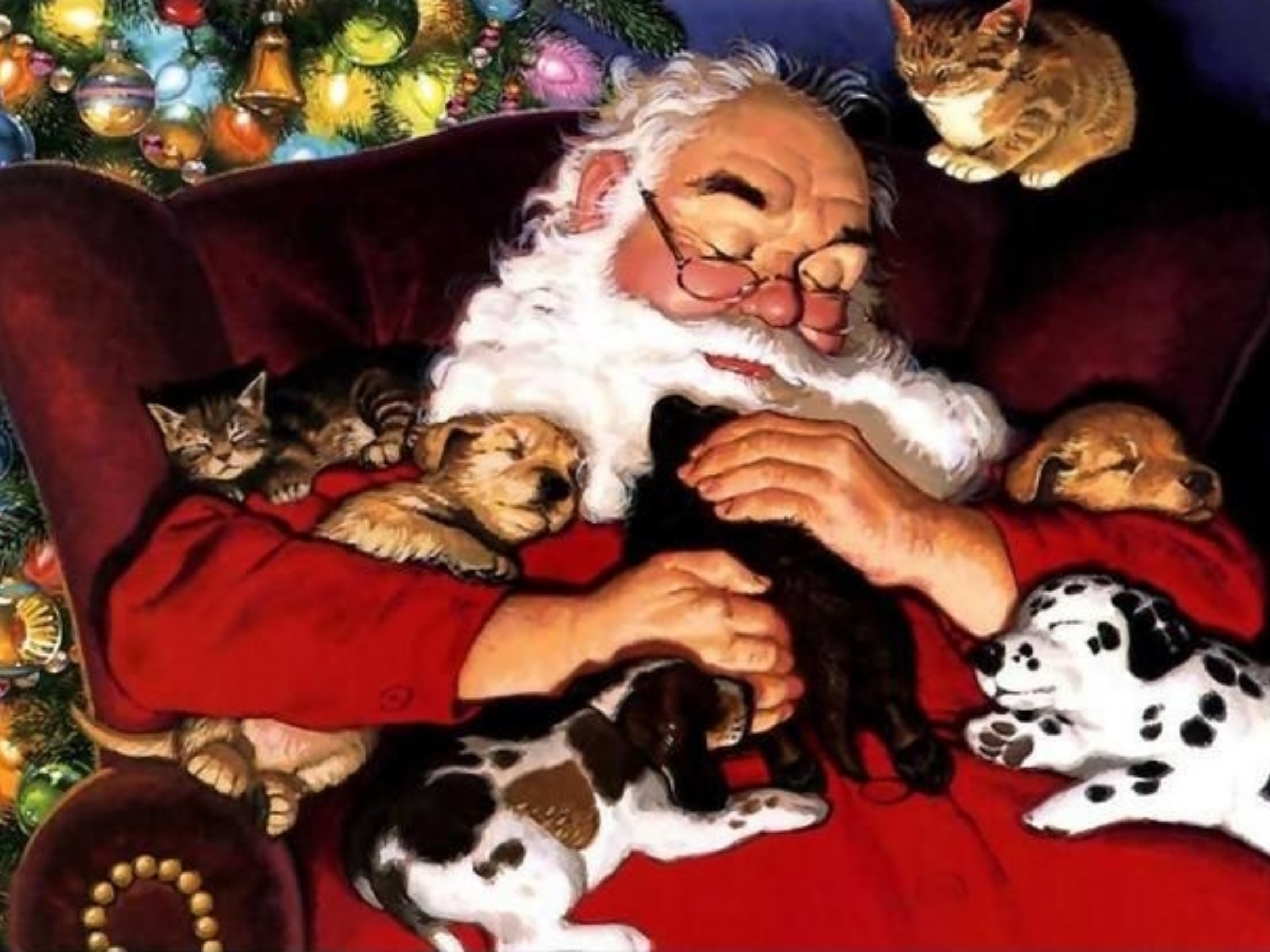 Slapende kerstman met hondjes Diamond Painting
