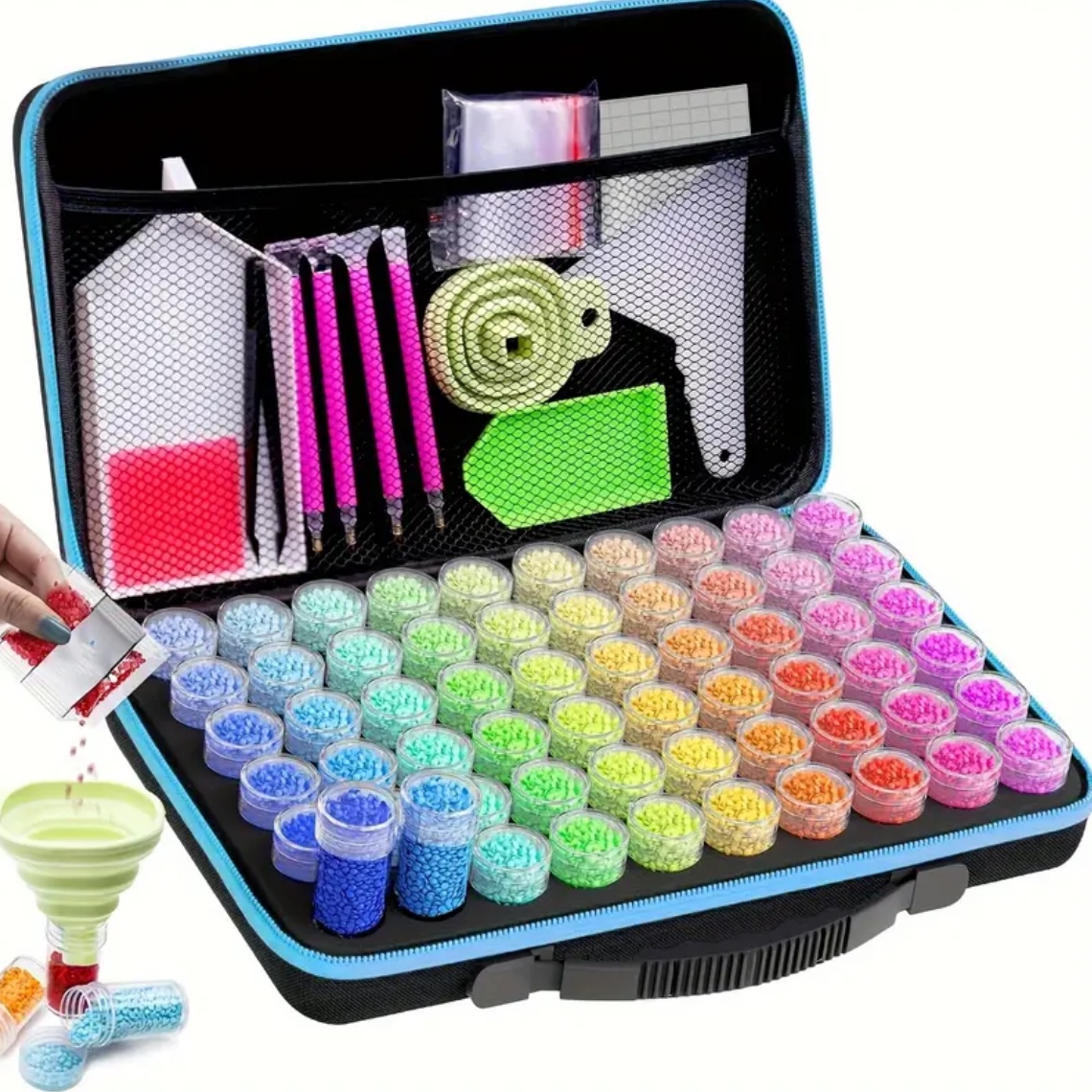 Opbergkoffer blauw met 60 potjes + Diamond painting accessoires pakket