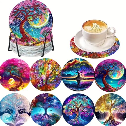 Diamond Painting Onderzetters Gekleurde bomen (8 stuks)