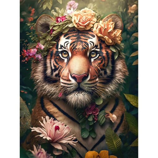 Tijger met bloemen Diamond Painting