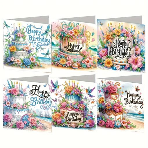 Diamond painting Happy Birthday wenskaarten (6 stuks)