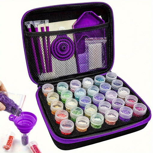 Opbergkoffer paars met 30 potjes + Diamond painting accessoires pakket
