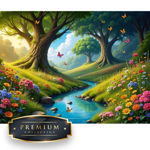 Bos met bloemen en vlinders Premium DP Diamond Painting