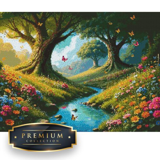 Bos met bloemen en vlinders Premium DP Diamond Painting - Afbeelding 2