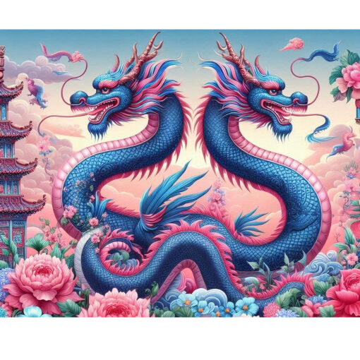Blauw roze draken Diamond Painting