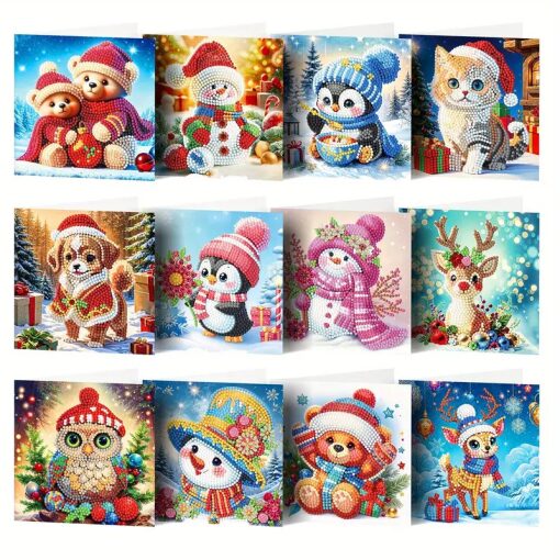 Diamond painting Kerstkaarten Kerstdieren (12 stuks)