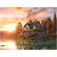 Landhuis aan een bergmeer Diamond Painting