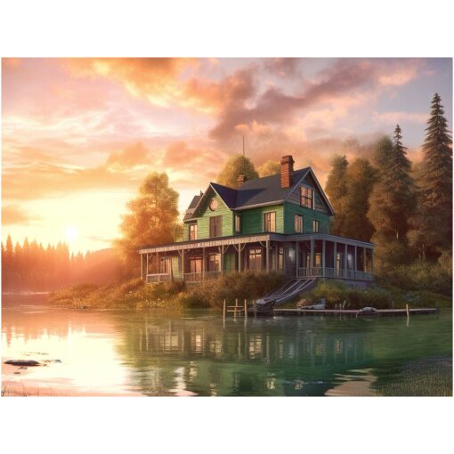 Landhuis aan een bergmeer Diamond Painting