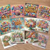 Diamond painting Verjaardagskaarten ballonnen en bloemen (12 stuks)