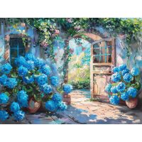 Blauwe hortensia in de binnentuin diamond painting