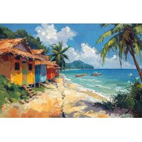 Strandhuisjes en palmen aan zee Diamond Painting