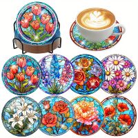 Diamond painting onderzetters Bloemen met glas in lood (8 stuks)
