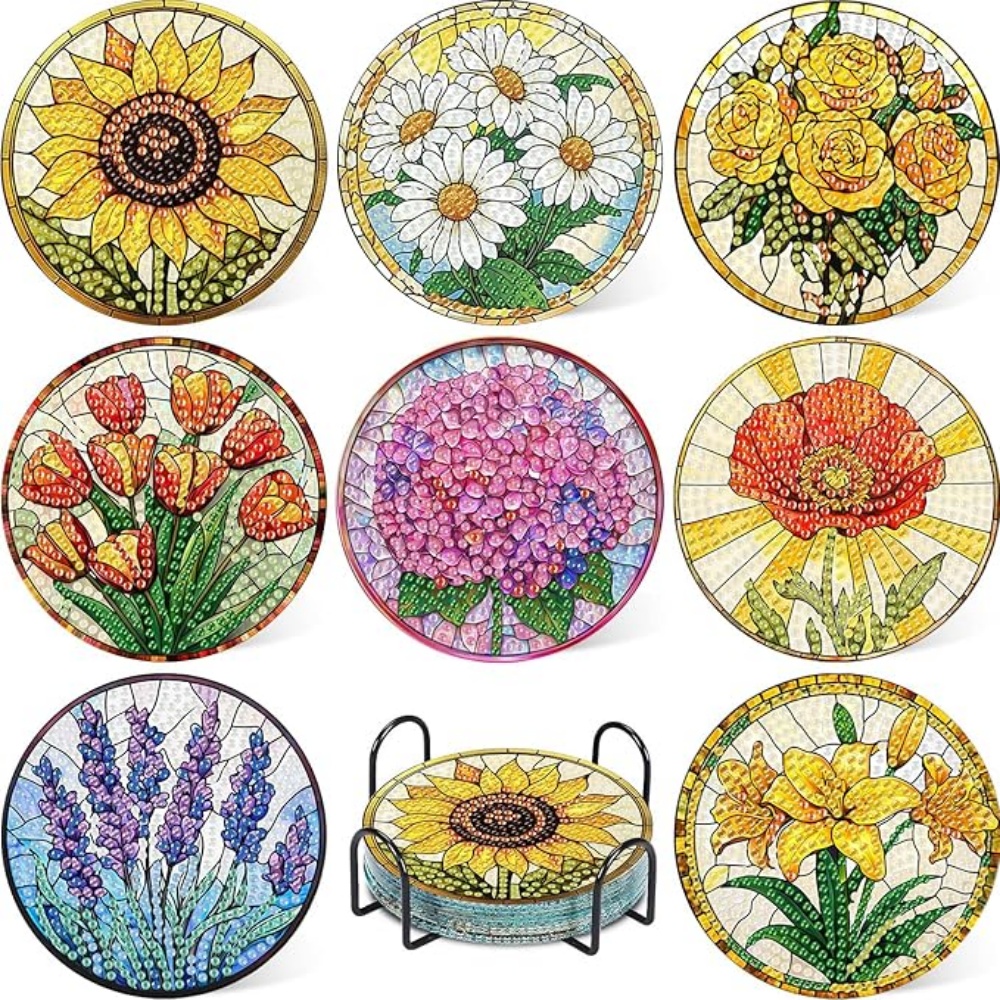 Diamond painting onderzetters Glas in lood bloemen (8 stuks)