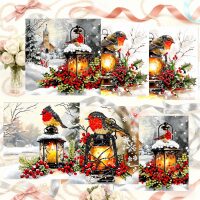 Diamond painting kerstkaarten Roodborstjes met lantaarns (6 stuks)