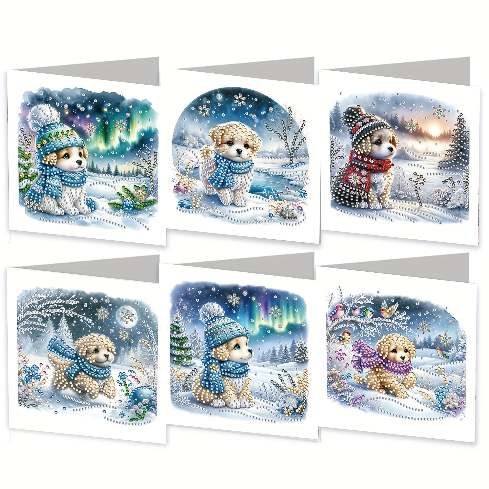 Diamond painting kerstkaarten Hondjes in de sneeuw (6 stuks)